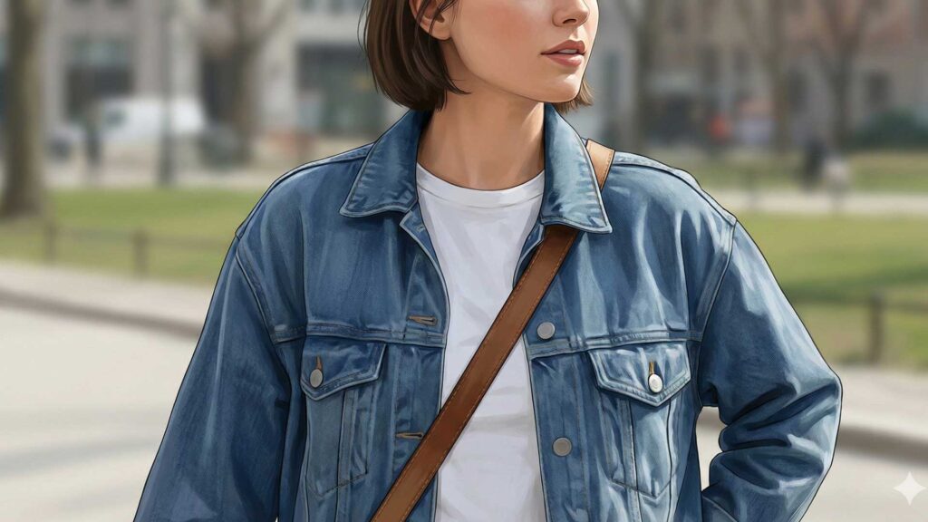 デニムジャケットでパイスラする女性の画像