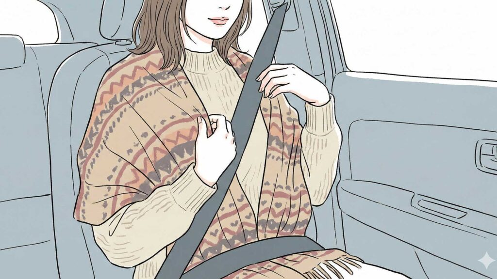 シートベルトでのパイスラをストールで防ぐ女性の画像